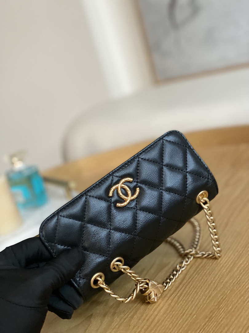 Chanel AP3047 FLAP Phone Holder With Chain Black Lambskin