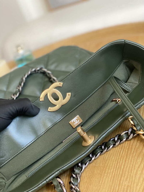 Chanel AS3519 CHANEL19 Shopping Bag Shiny Lambskin Dark Green
