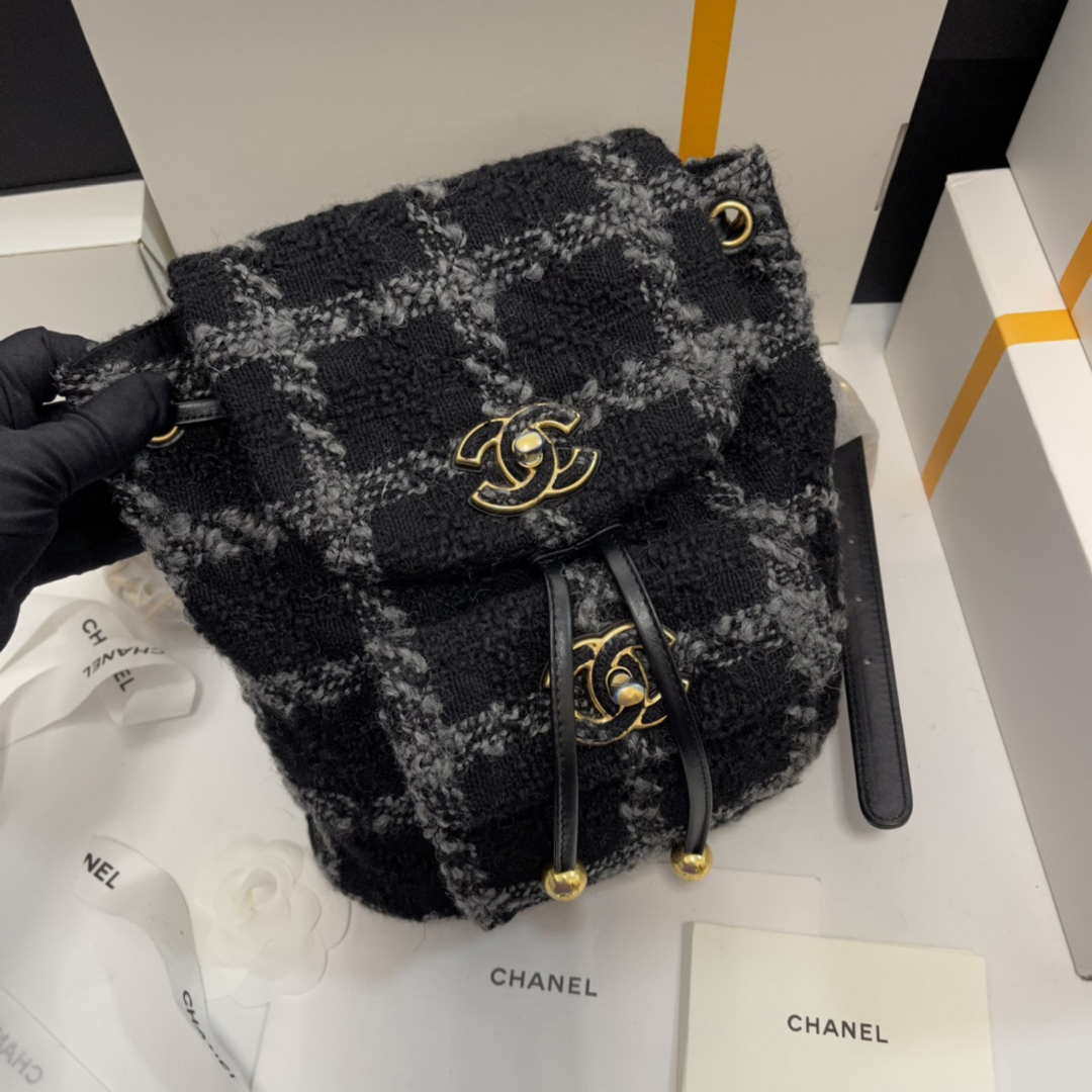 Chanel AS3615 Backpack Wool Tweed & Gold-Tone Metal Black & Gray -  lushenticbags