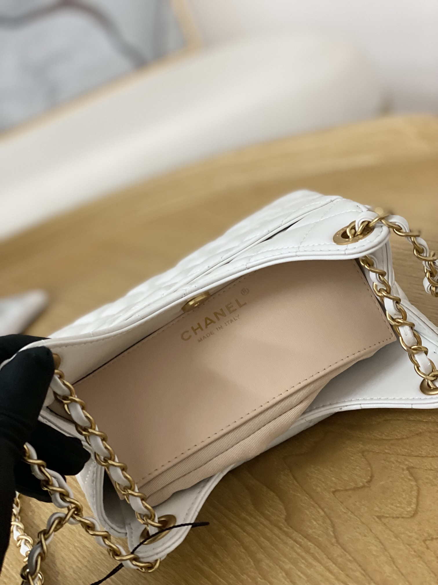Chanel AS3710 Small Hobo Handbag Shiny Crumpled Calfskin & Gold-Tone Metal  White - lushenticbags