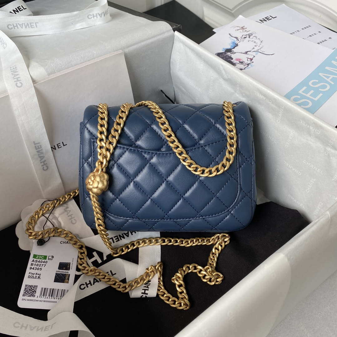 Chanel AS4040 Mini Flap Classic Bag 18 Woc Camellia Lambskin Dark Blue -  lushenticbags