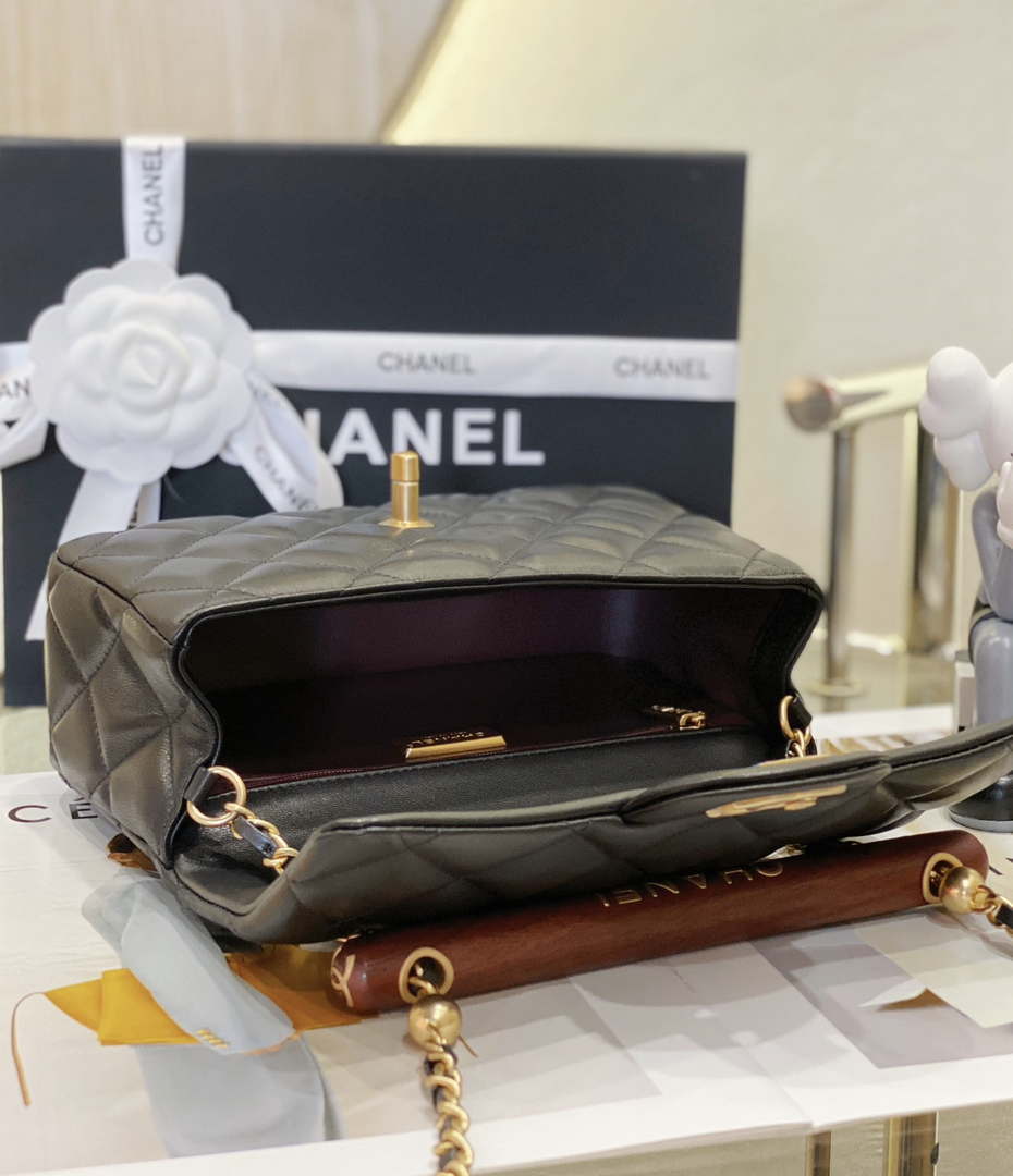 Small flap bag with top handle, Lambskin & wenge wood, black — Fashion |  CHANEL