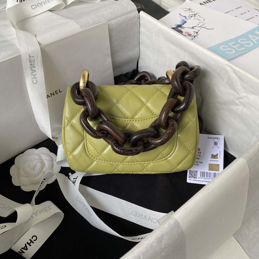 Chanel AS4165 Mini Flap Bag Lambskin Wenge Wood & Gold-Tone Metal Lemon  Green - lushenticbags