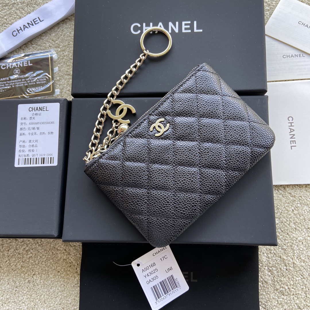 Chanel Classic Card Holder Zipper Grained shiny Calfskin A50168 Black  Silver - lushenticbags