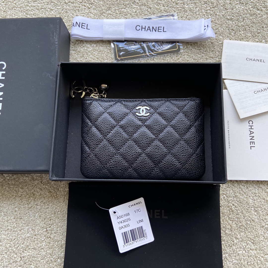 Chanel Classic Card Holder Zipper Grained shiny Calfskin A50168 Black Silver  - lushenticbags