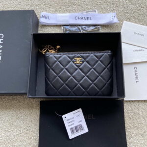 Chanel Classic Card Holder Zipper Lambskin A50168 Black Gold - lushenticbags